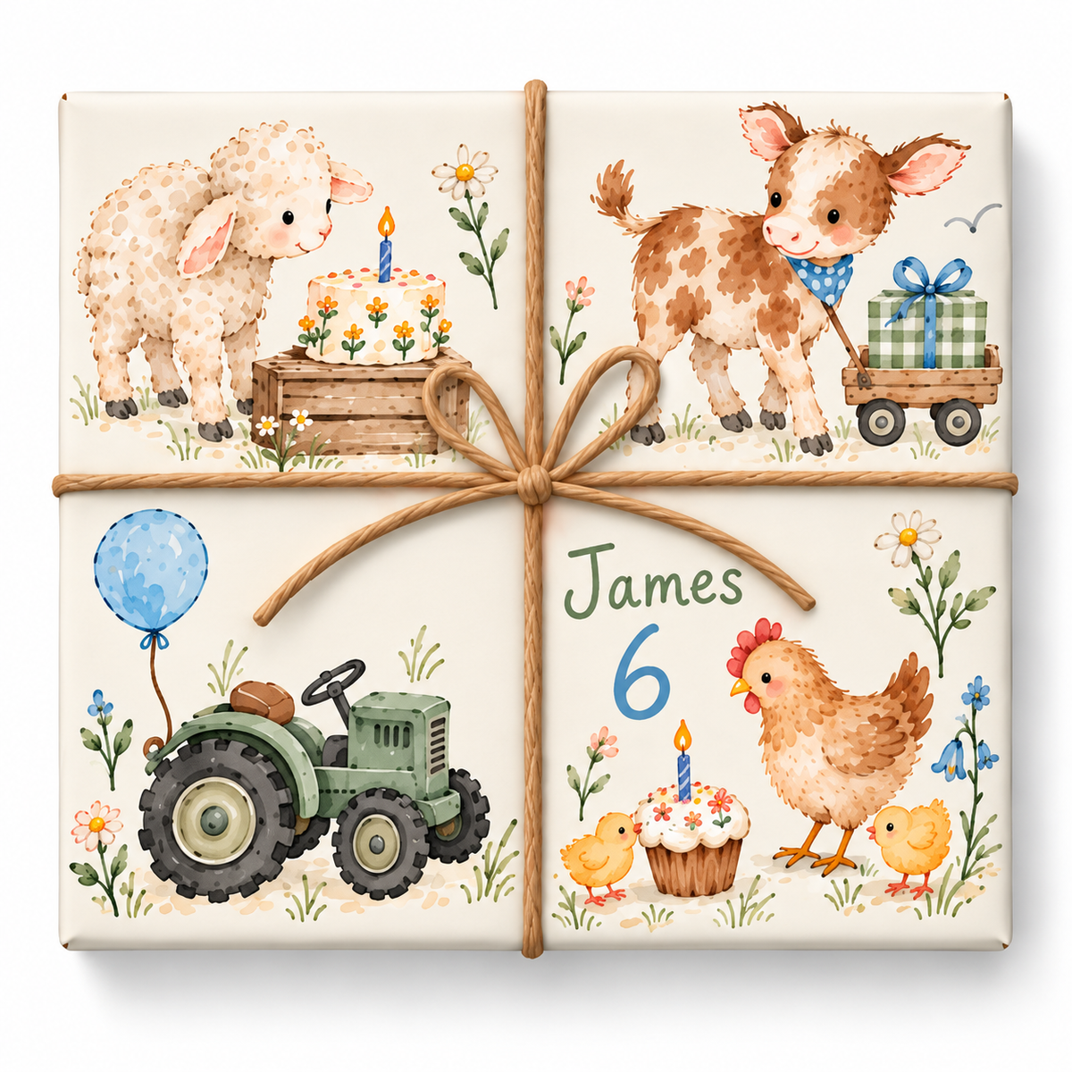 Birthday on the Farm personalized wrapping paper with large artwork and continuous twine