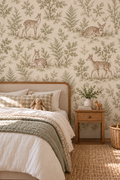Fawn and fern wallpaper in kids bedroom with varied resting and standing deer
