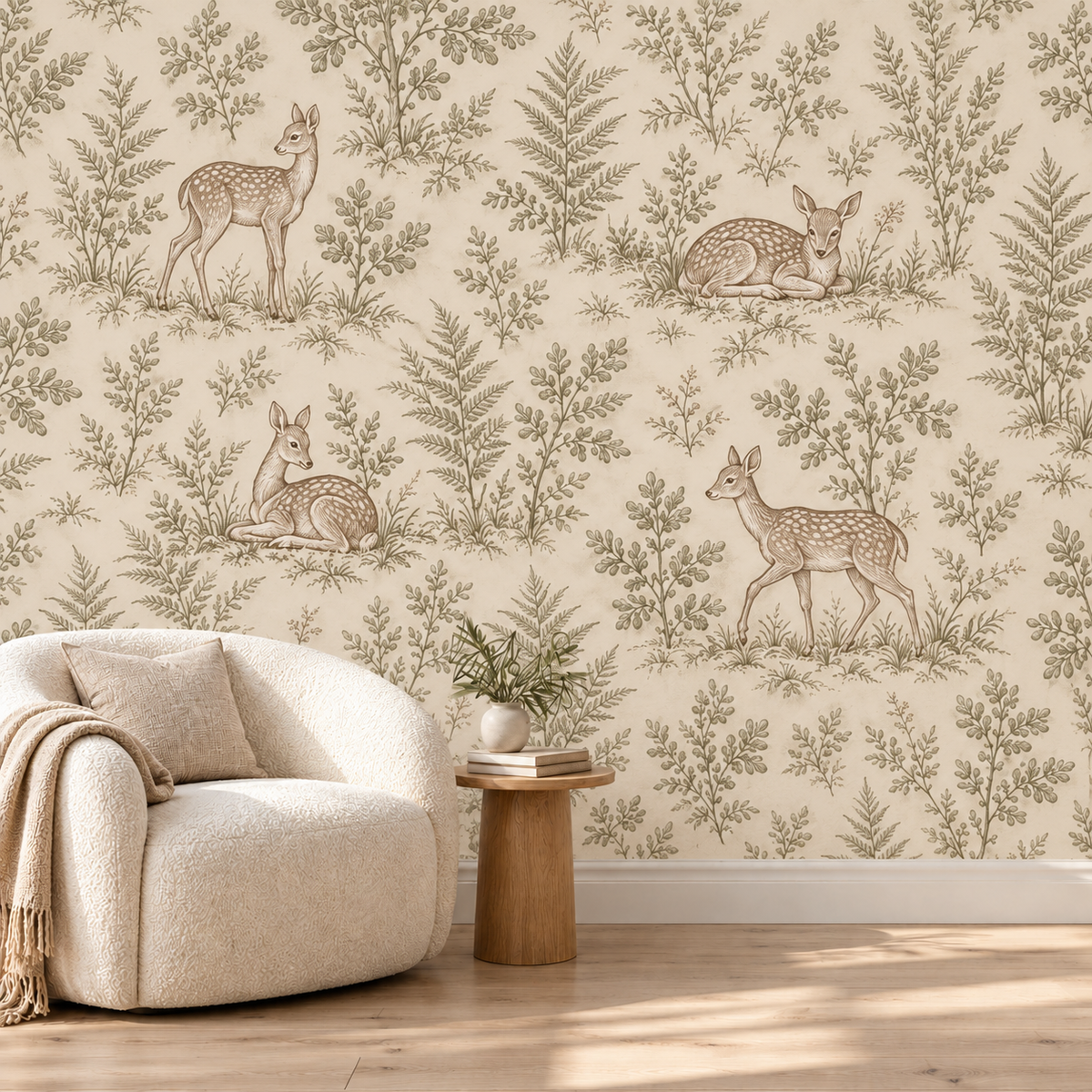 Fawn and fern wallpaper with varied deer poses in sage and warm neutral tones, cream chair mockup