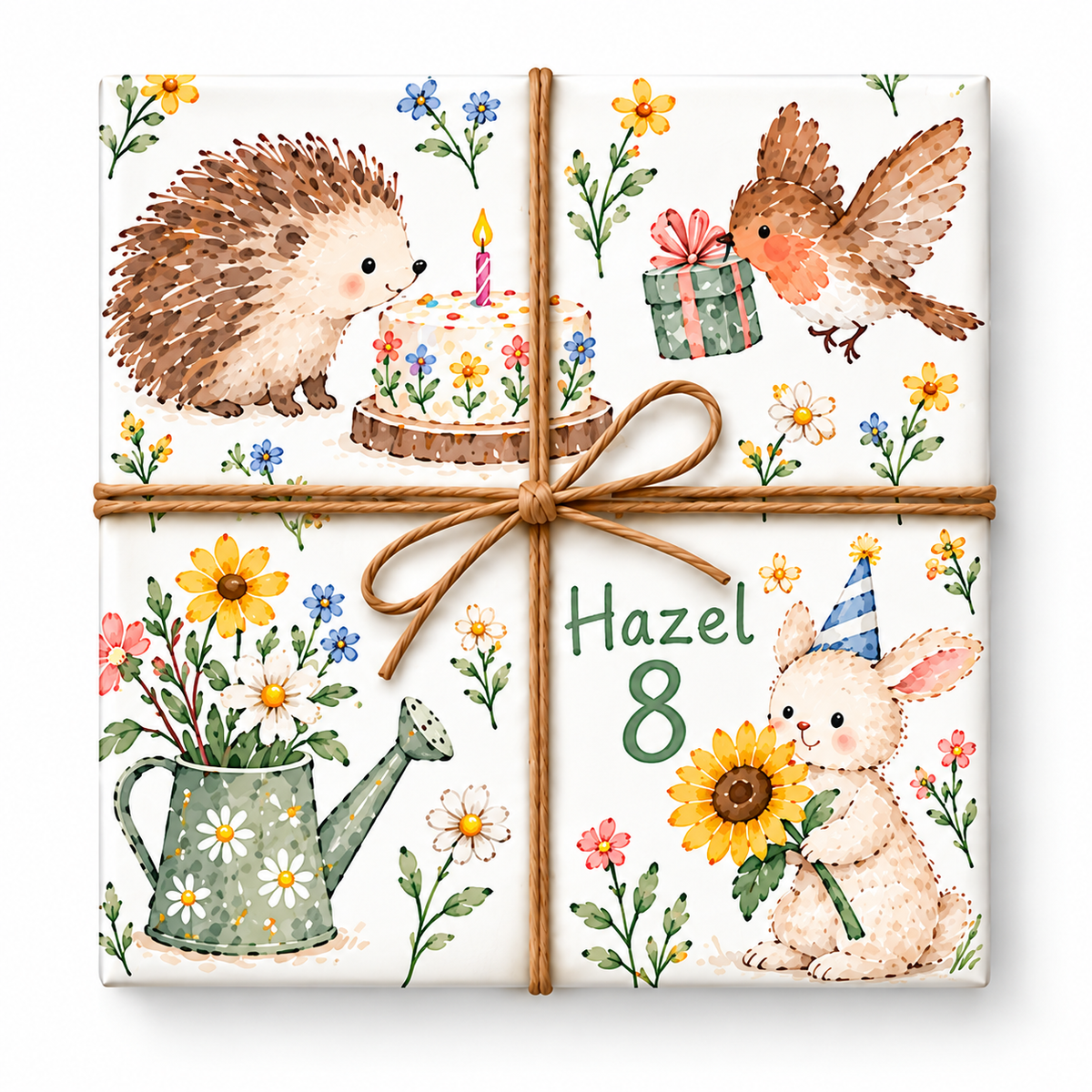 Birthday Garden personalized birthday wrapping paper with large artwork and natural twine