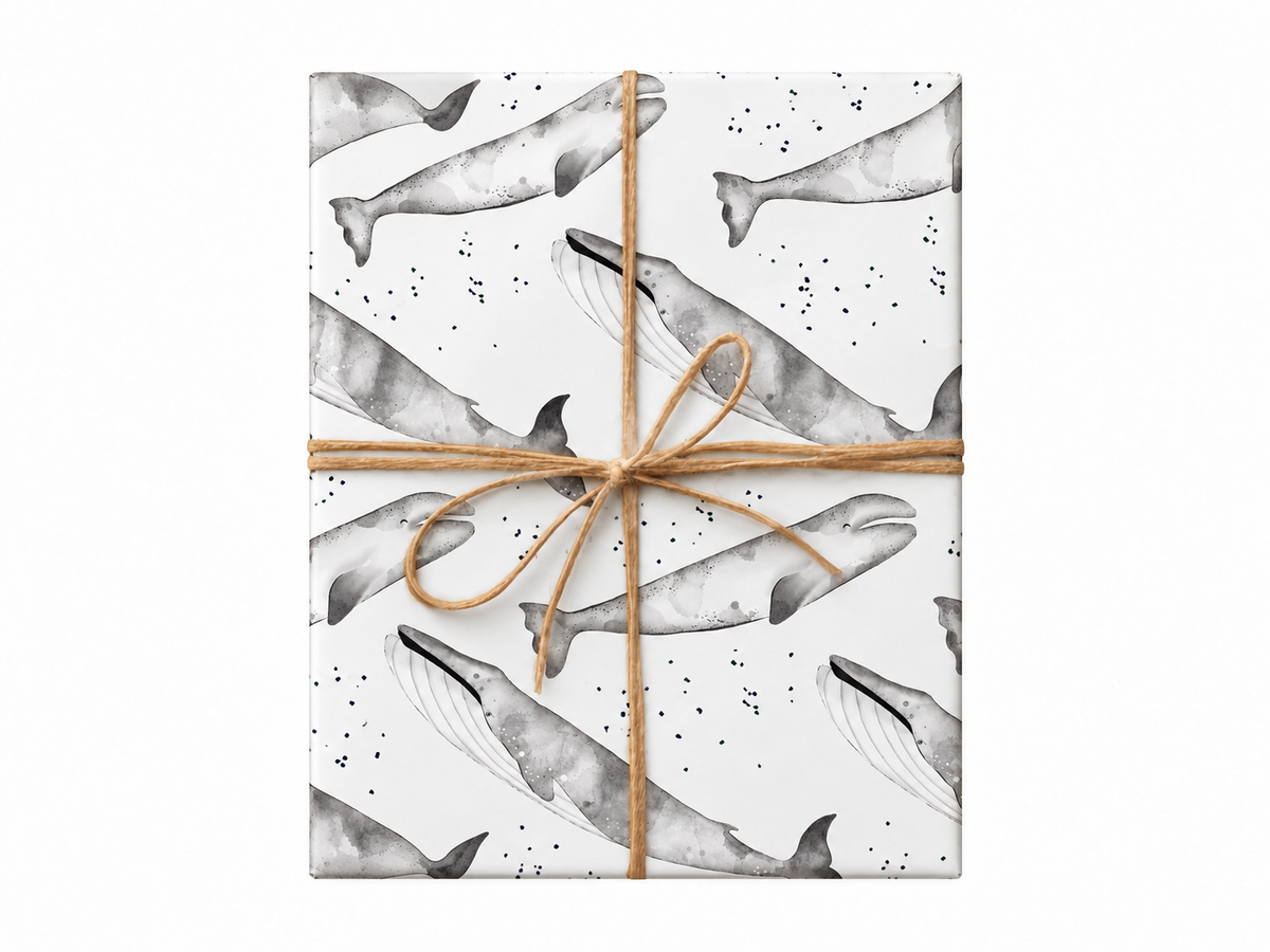 gray whales wrapping paper gift tied with twine