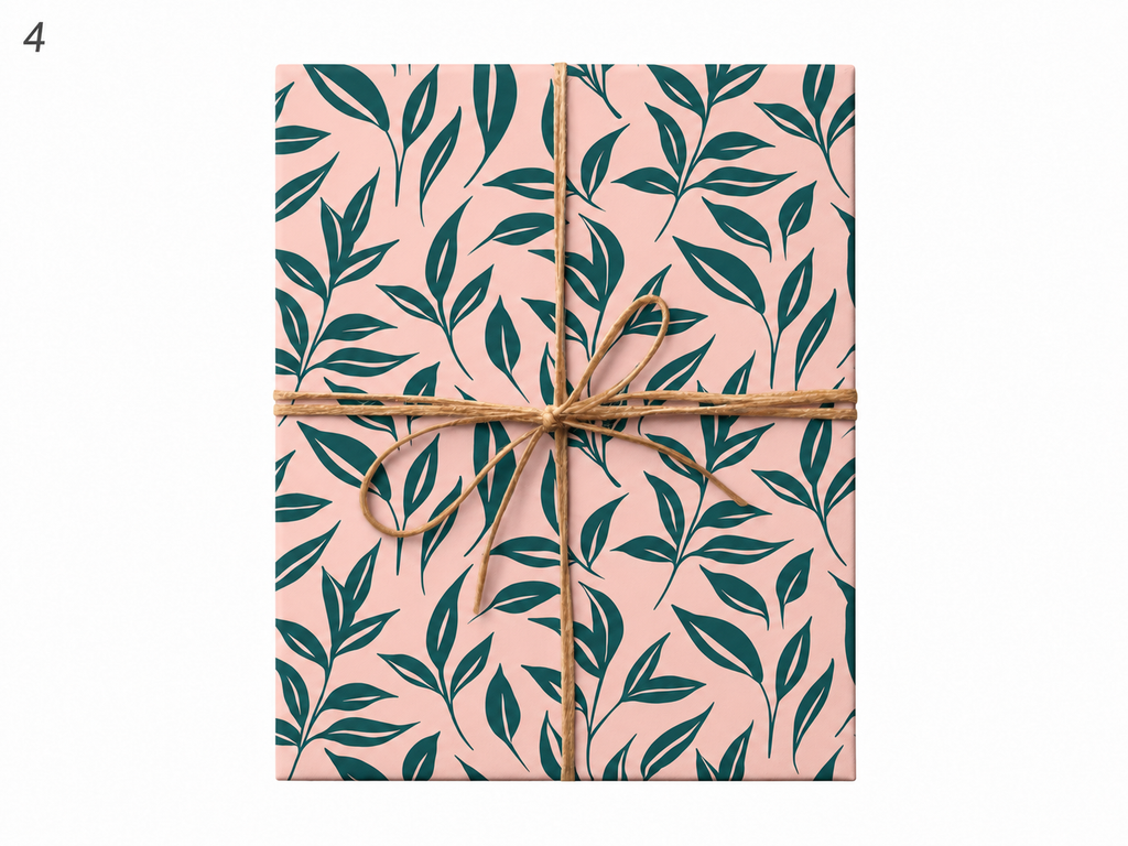 muted pink green leaves gift wrap tied with twine