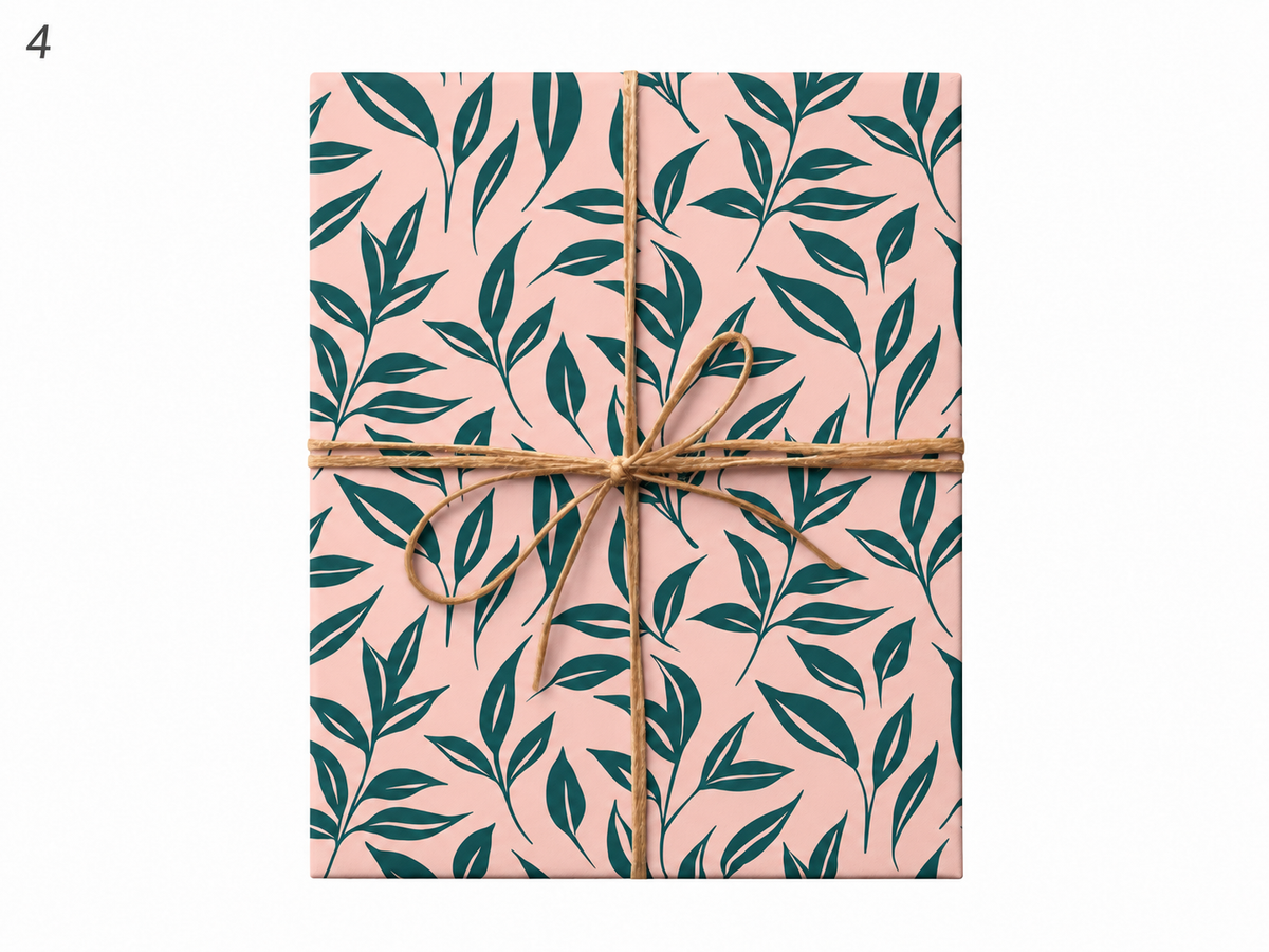 muted pink green leaves gift wrap tied with twine