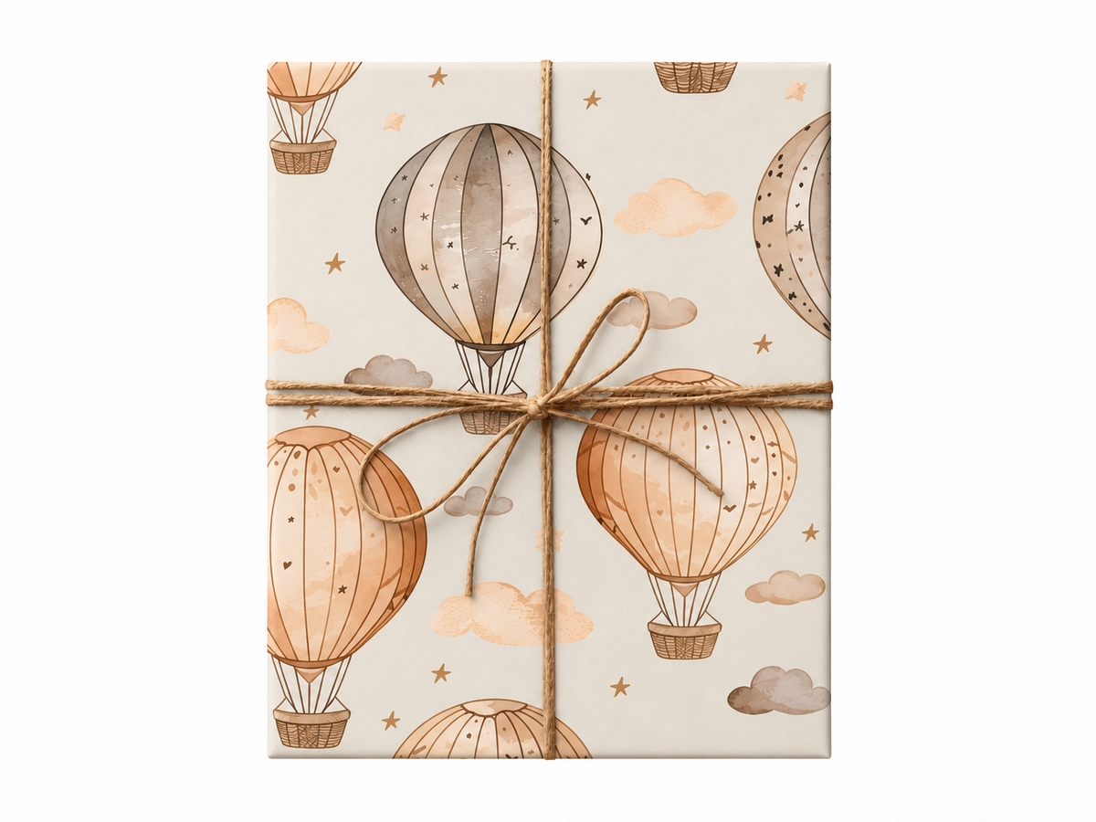 Neutral Baby Shower Gift Wrap with enlarged printed design and natural twine