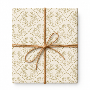 Olive Scalloped Floral Wrapping Paper tied with natural twine