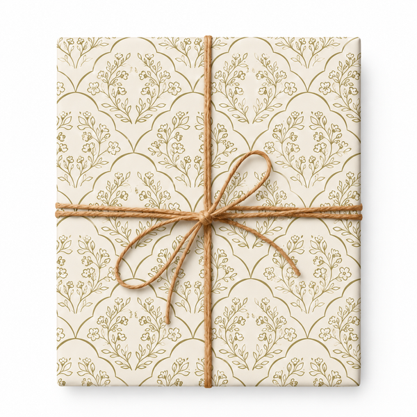 Olive Scalloped Floral Wrapping Paper tied with natural twine