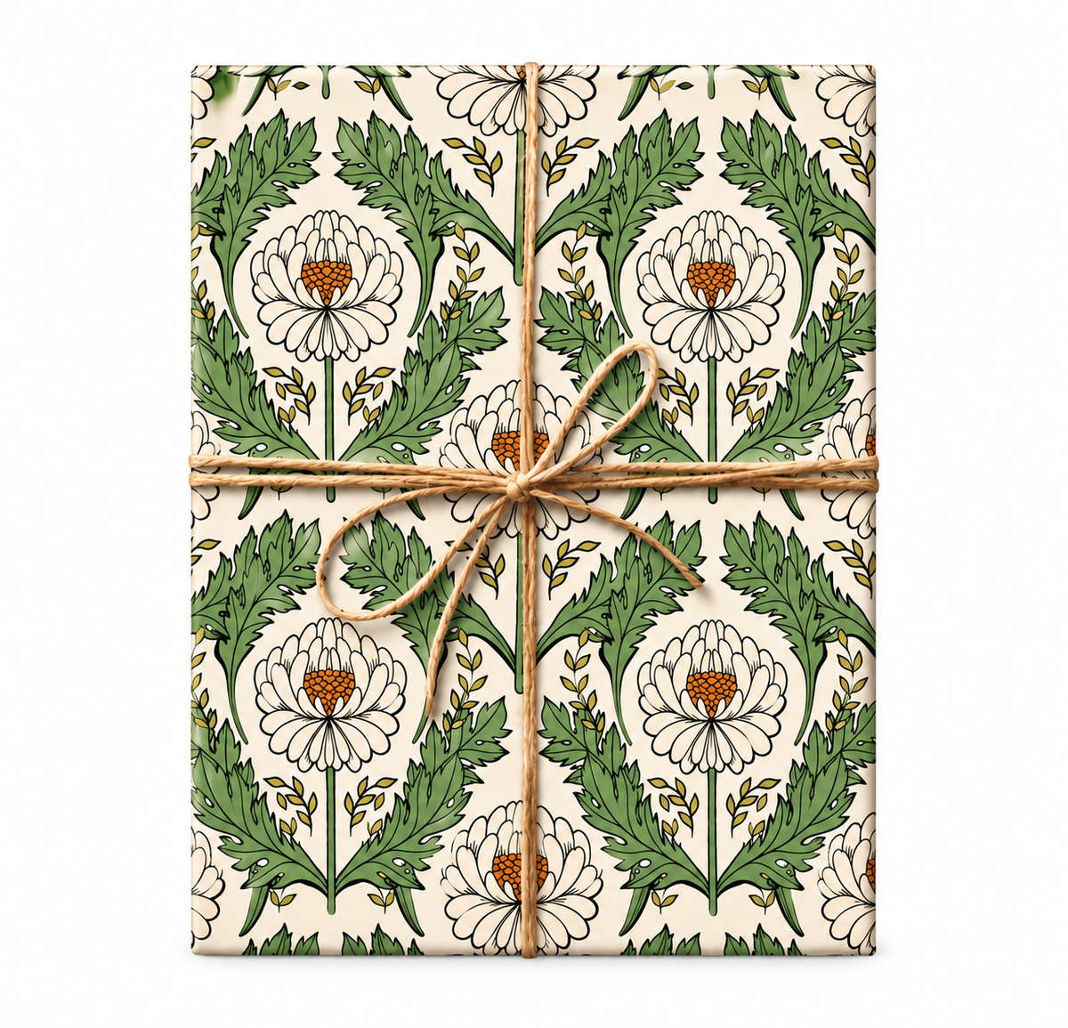 Cream Bloom Botanical Wrapping Paper tied with natural twine