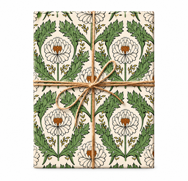Cream Bloom Botanical Wrapping Paper tied with natural twine