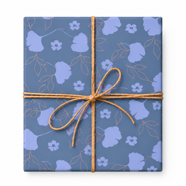 Dusty Blue Ginkgo Floral Wrapping Paper tied with natural twine