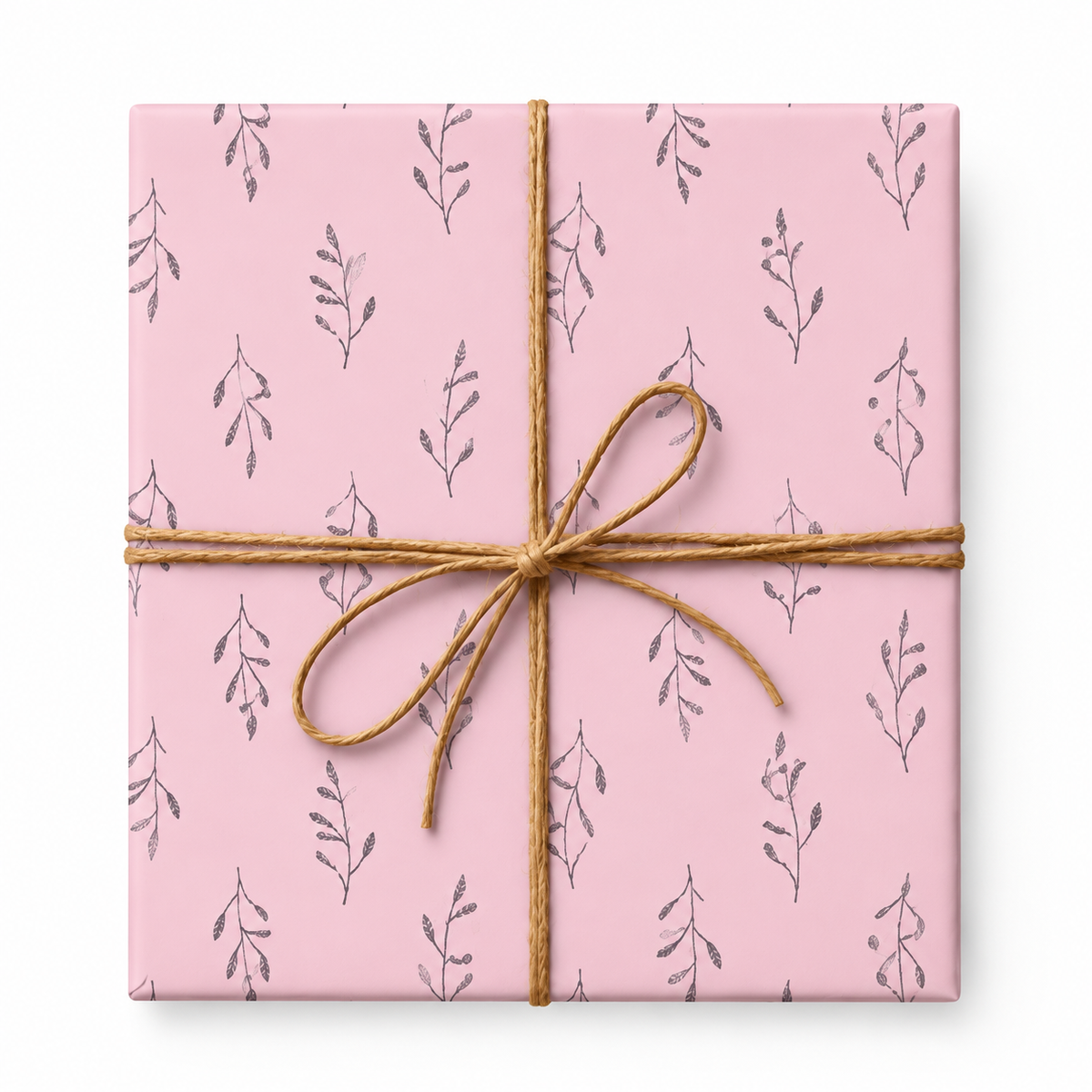 Blush Pink Botanical Sprig Wrapping Paper tied with natural twine