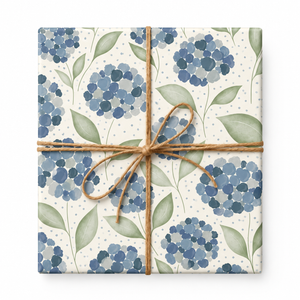 Blue Hydrangea Floral Wrapping Paper tied with natural twine