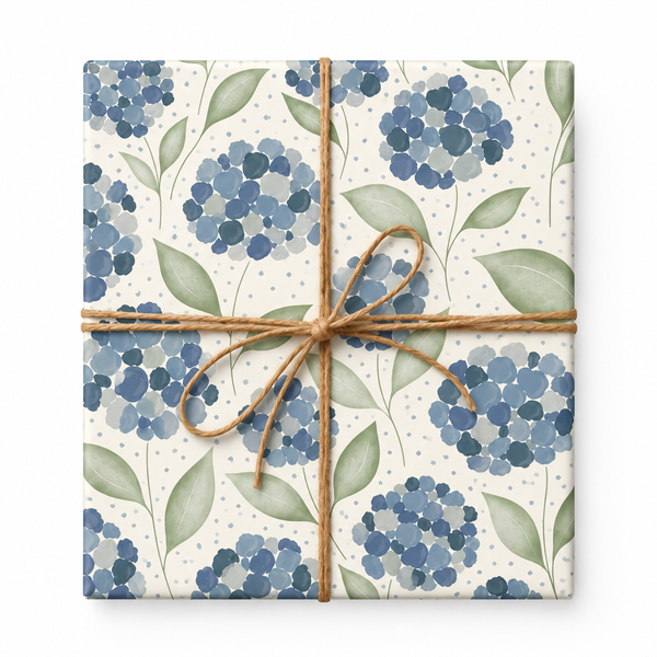 Blue Hydrangea Floral Wrapping Paper tied with natural twine