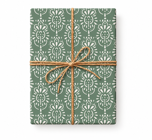 Sage Green Folk Pattern Wrapping Paper tied with natural twine