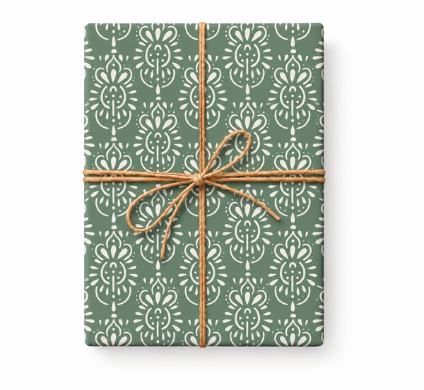 Sage Green Folk Pattern Wrapping Paper tied with natural twine