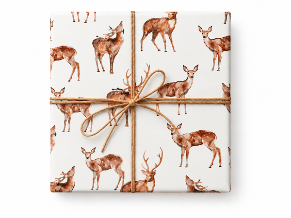 Watercolor Woodland Deer Wrapping Paper tied with natural twine
