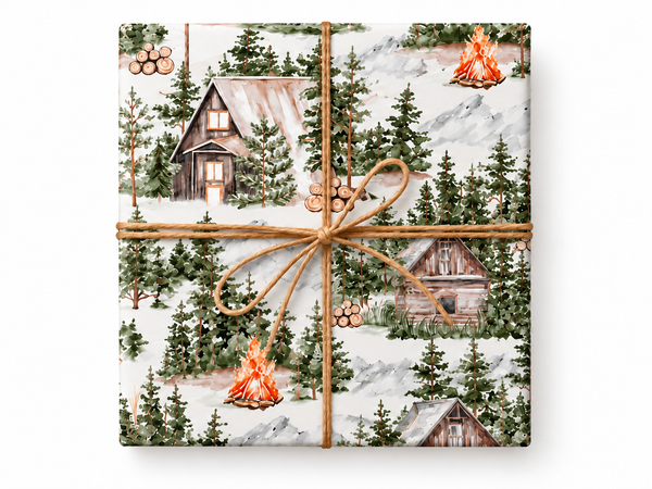 Watercolor Mountain Cabin Wrapping Paper tied with natural twine