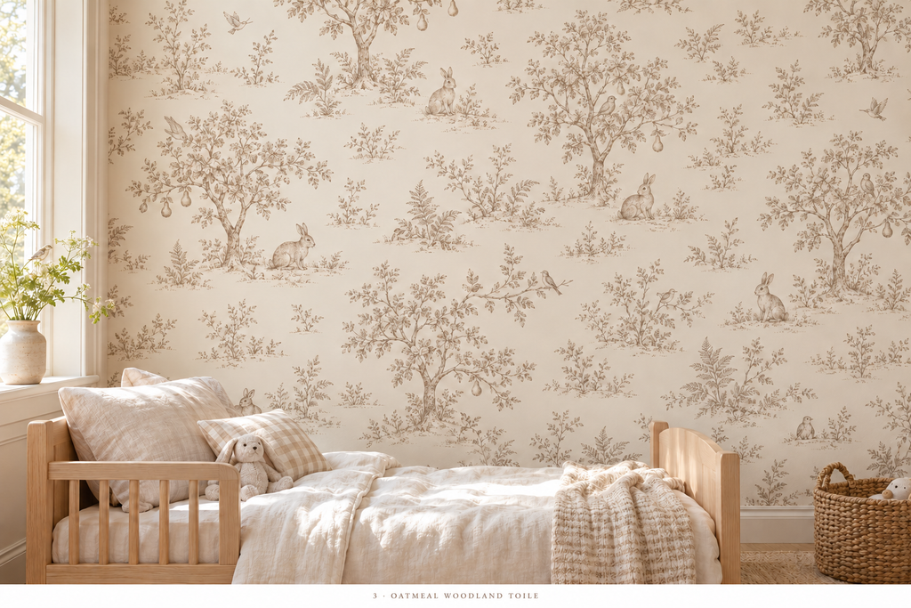 Approved oatmeal woodland toile wallpaper in kids room with rabbits, pear trees and integrated birds