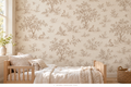 Approved oatmeal woodland toile wallpaper in kids room with rabbits, pear trees and integrated birds
