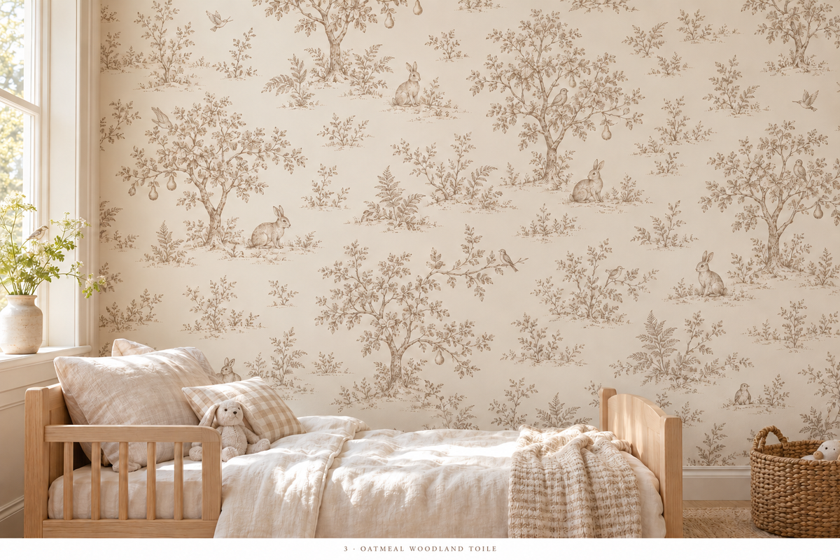 Approved oatmeal woodland toile wallpaper in kids room with rabbits, pear trees and integrated birds