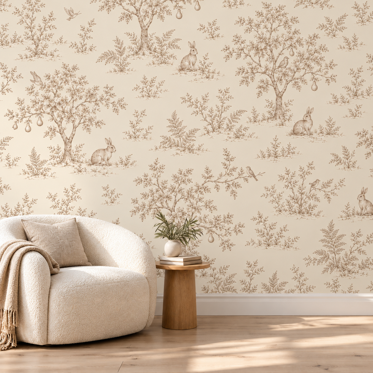 Oatmeal woodland toile wallpaper with rabbits, pear trees and birds, cream chair mockup