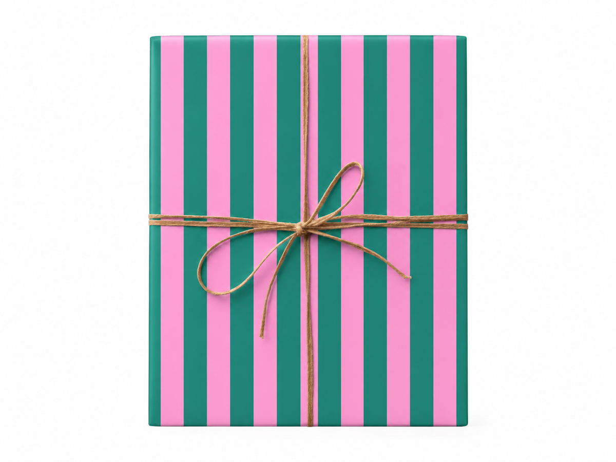 Pink and Teal Stripe Wrapping Paper gift tied with twine