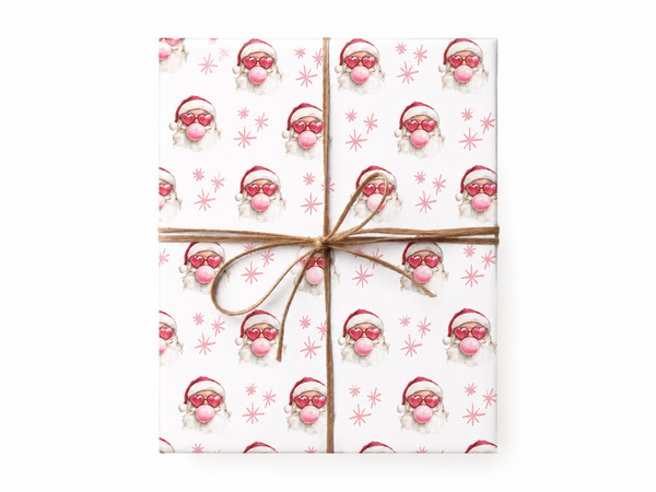 Pink Bubblegum Santa Wrapping Paper gift tied with twine