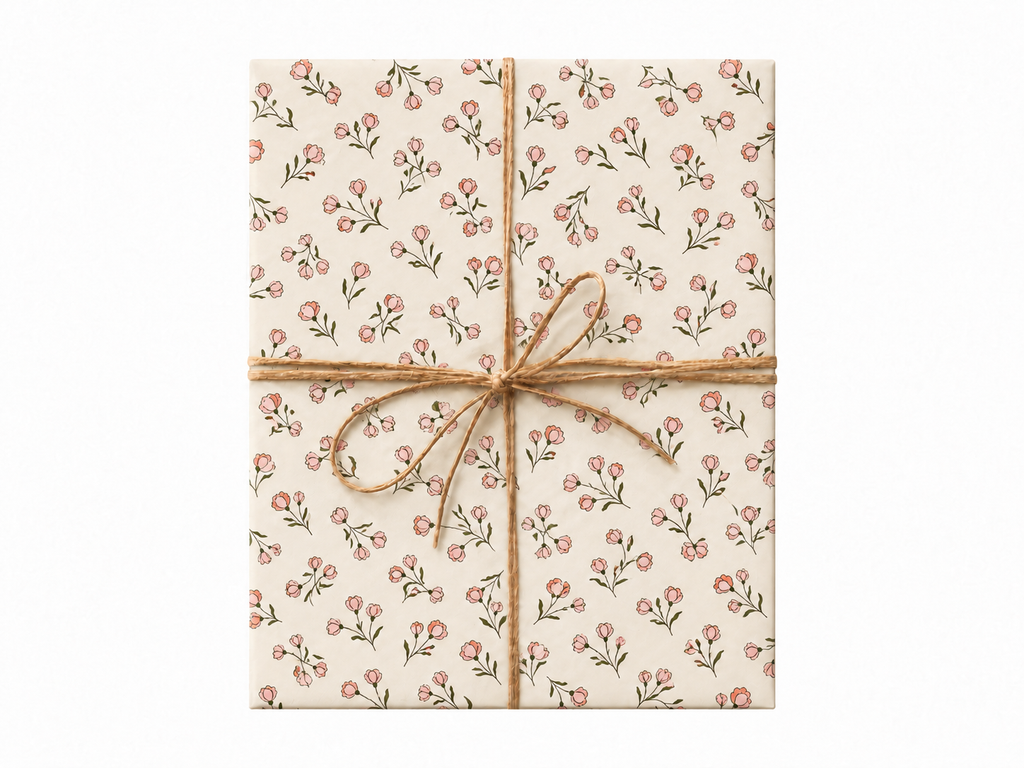 pink peach floral small wrapping paper gift tied with twine