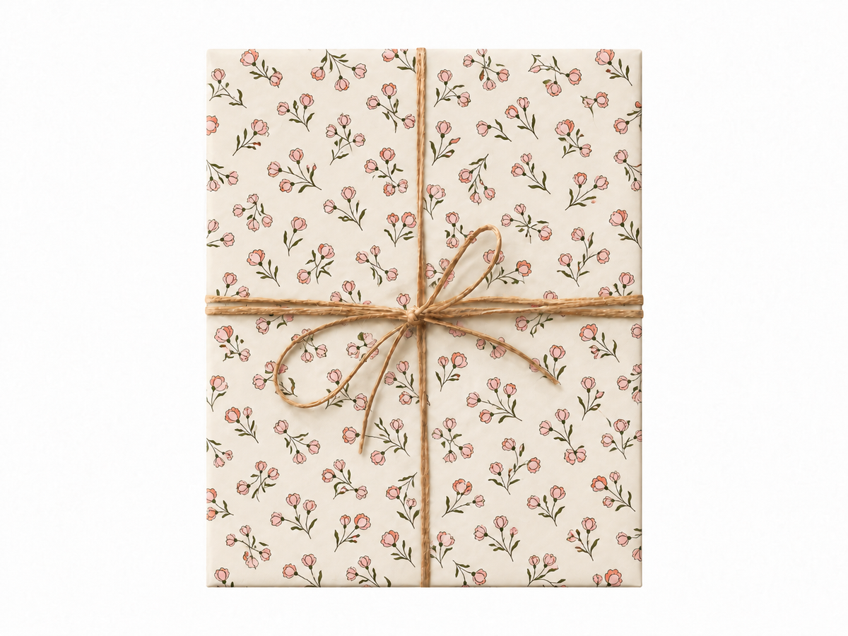 pink peach floral small wrapping paper gift tied with twine