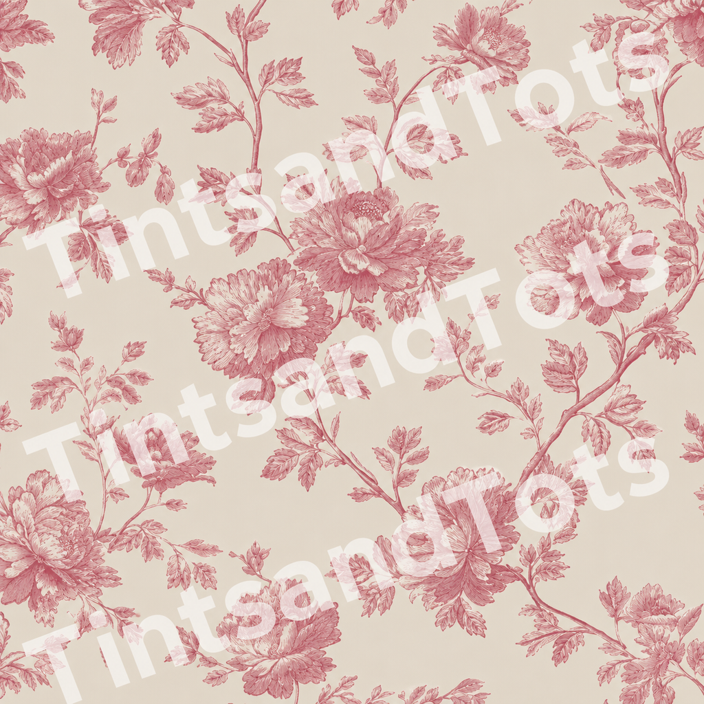 Rose Toile Wallpaper — zoomed-in design preview with translucent TintsandTots watermark