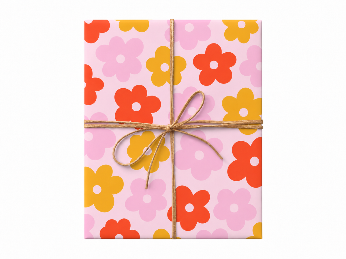 retro daisies wrapping paper gift tied with twine