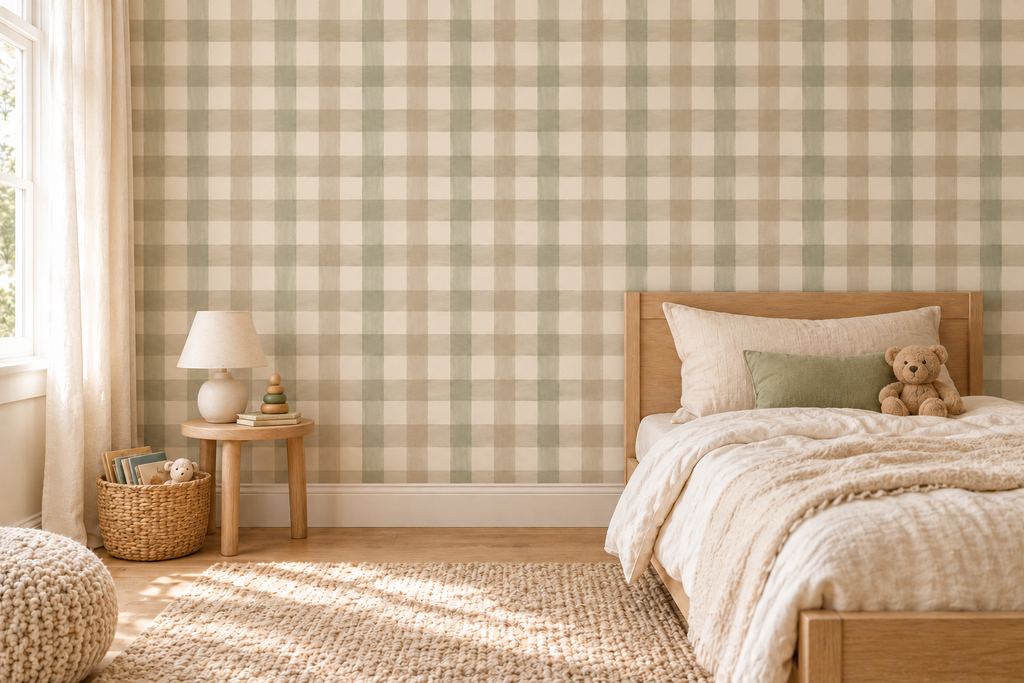 Medium-scale sage and oatmeal gingham wallpaper in a kids bedroom