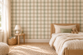 Medium-scale sage and oatmeal gingham wallpaper in a kids bedroom
