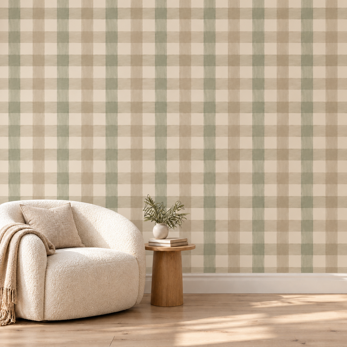 Sage and oatmeal gingham wallpaper in cream-chair catalog mockup