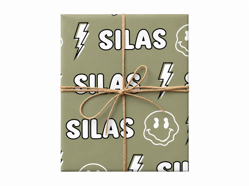 sage silas name gift wrap tied with twine