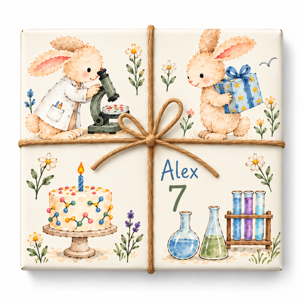 Little Scientists Personalized Birthday Wrapping Paper with large artwork and continuous twine