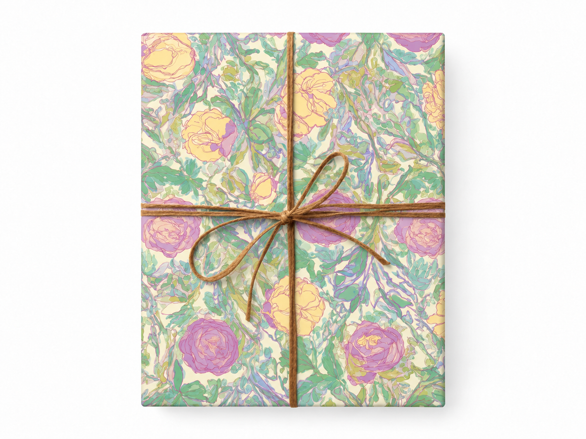 Botanical Floral Gift Wrap with enlarged printed design and natural twine