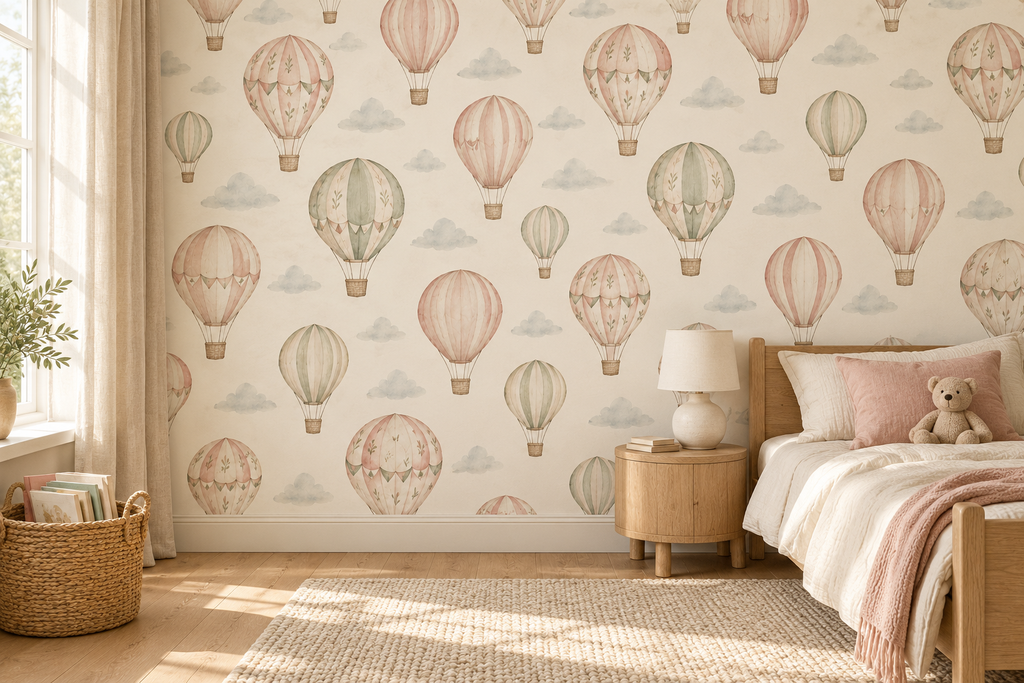 Storybook hot air balloon wallpaper kids bedroom lifestyle mockup