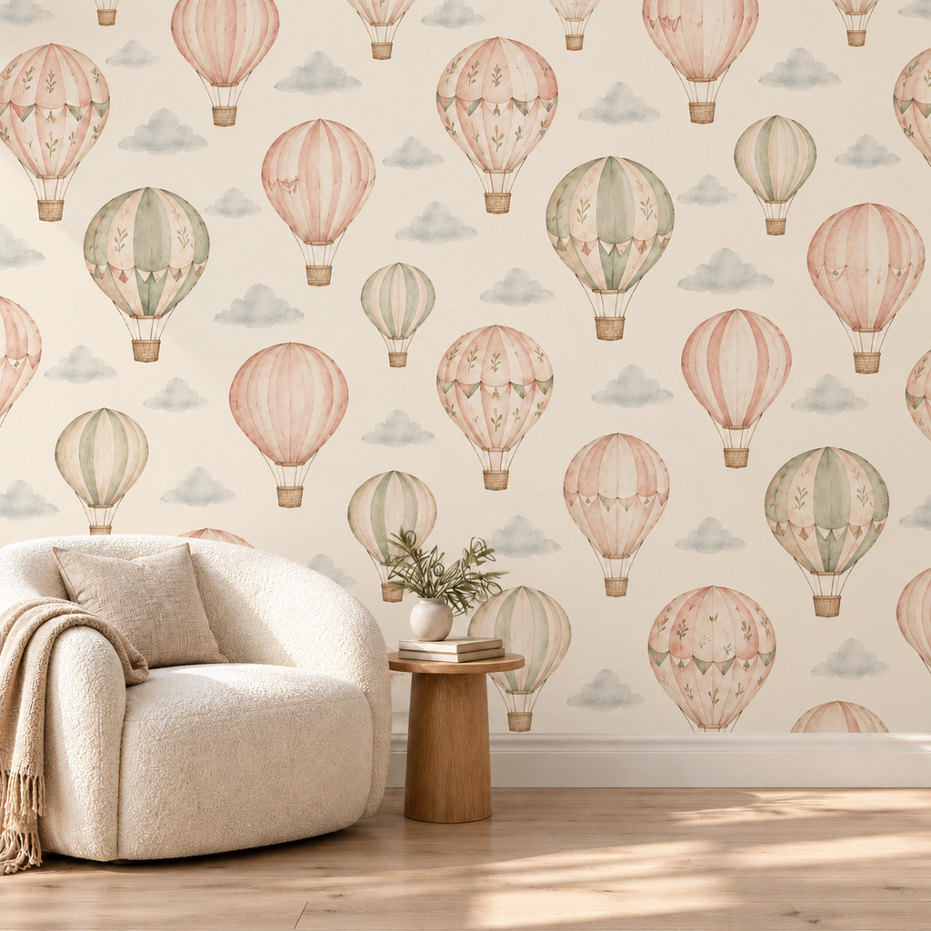 Storybook hot air balloon wallpaper standard cream-chair mockup
