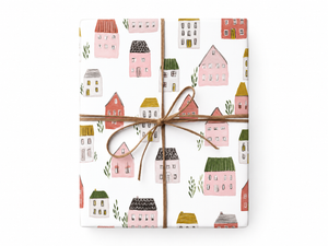 Watercolor Paris Village Wrapping Paper gift tied with twine