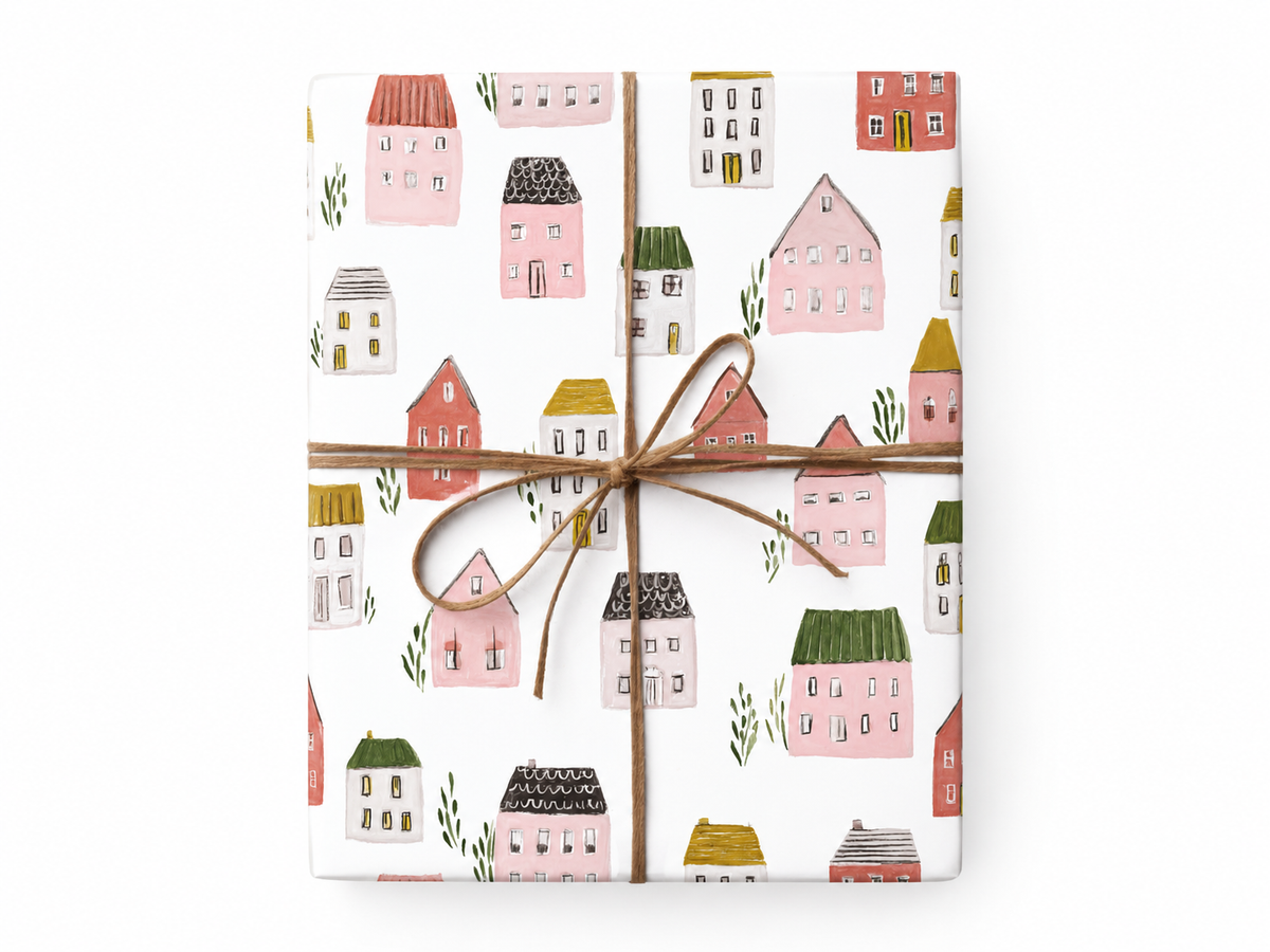 Watercolor Paris Village Wrapping Paper gift tied with twine