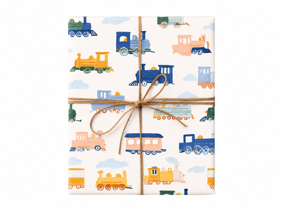 Watercolor Train Wrapping Paper gift tied with twine