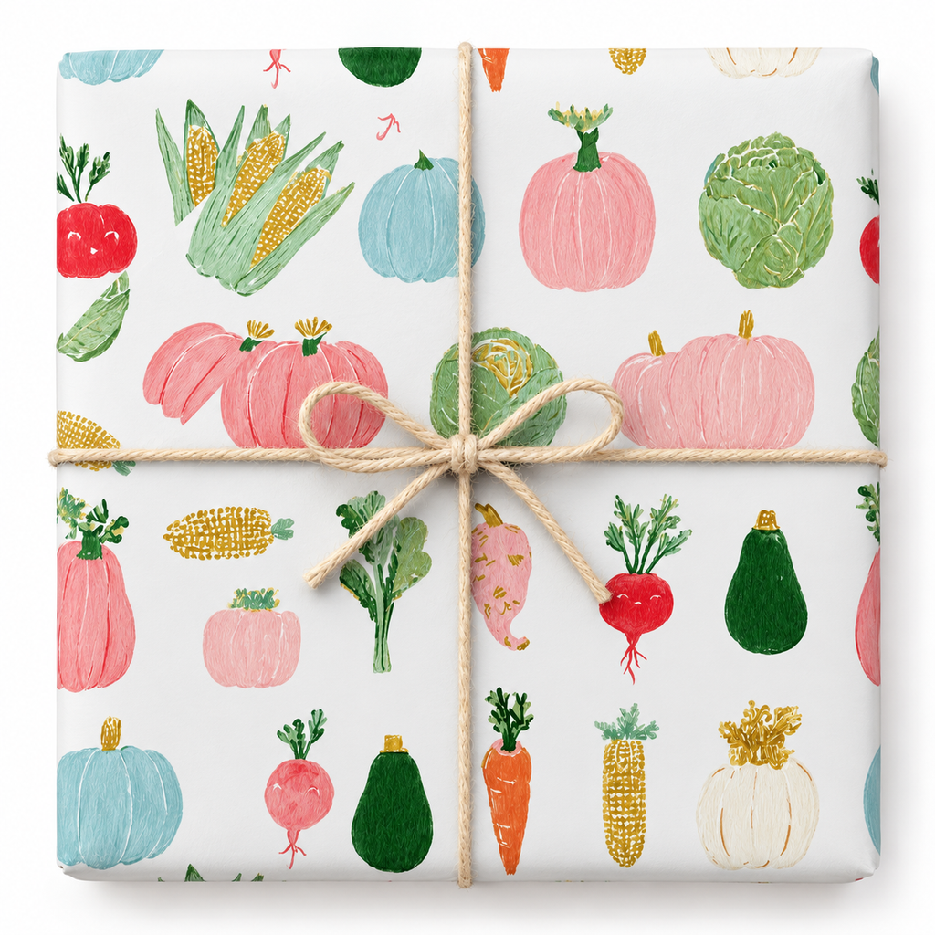 Pastel Vegetable Garden Gift Wrap tied with natural twine