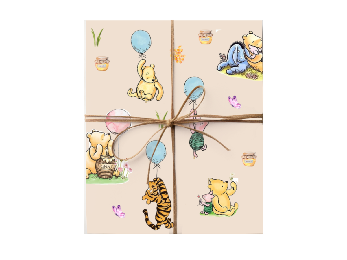 Vintage Pooh wrapping paper gift tied with natural twine