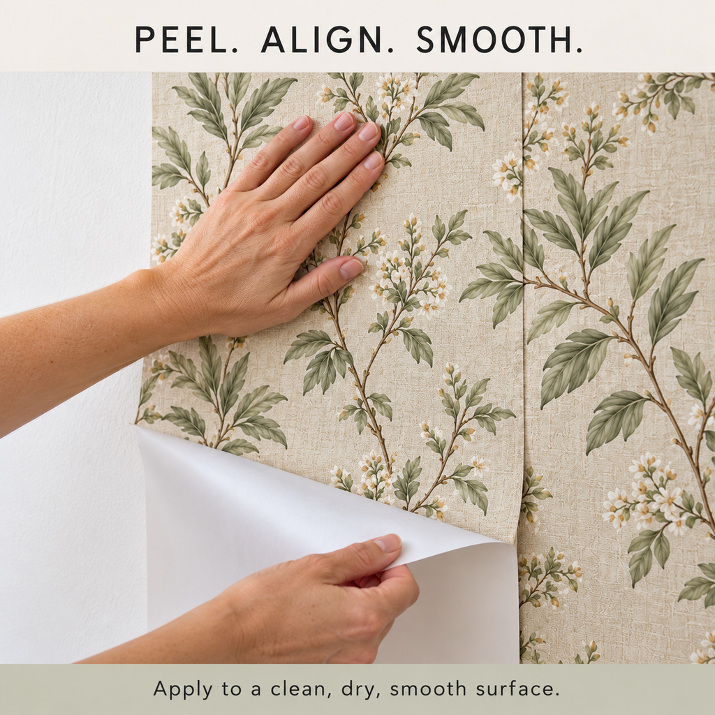 Hands peeling wallpaper backing and smoothing onto a clean dry smooth wall; botanical sample