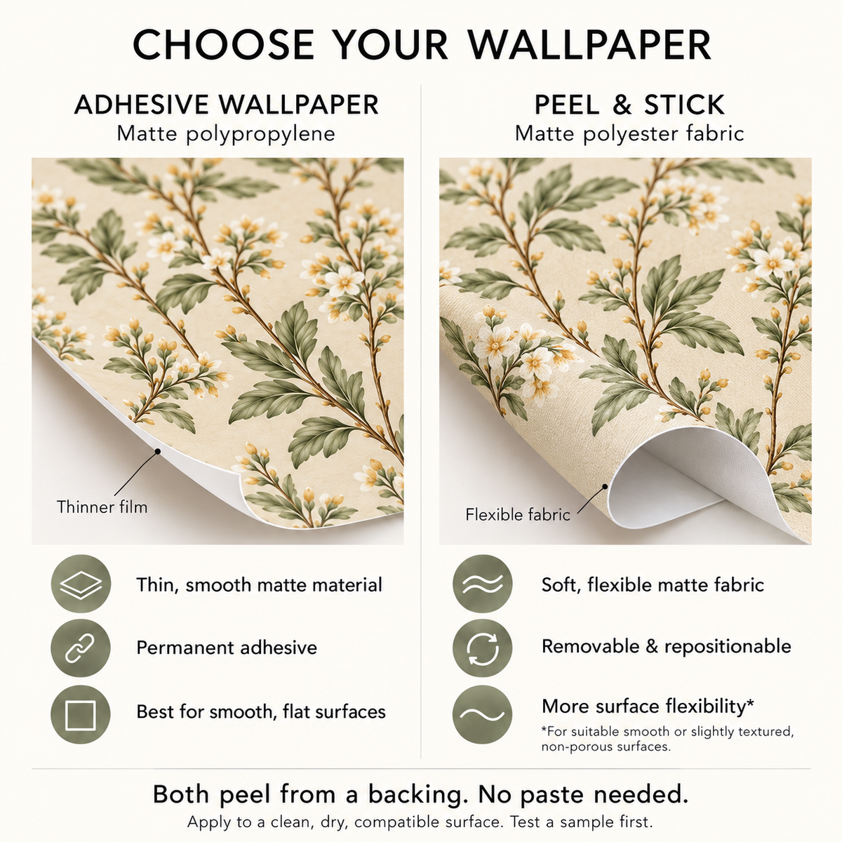Wallpaper material comparison: adhesive matte polypropylene and peel and stick polyester fabric