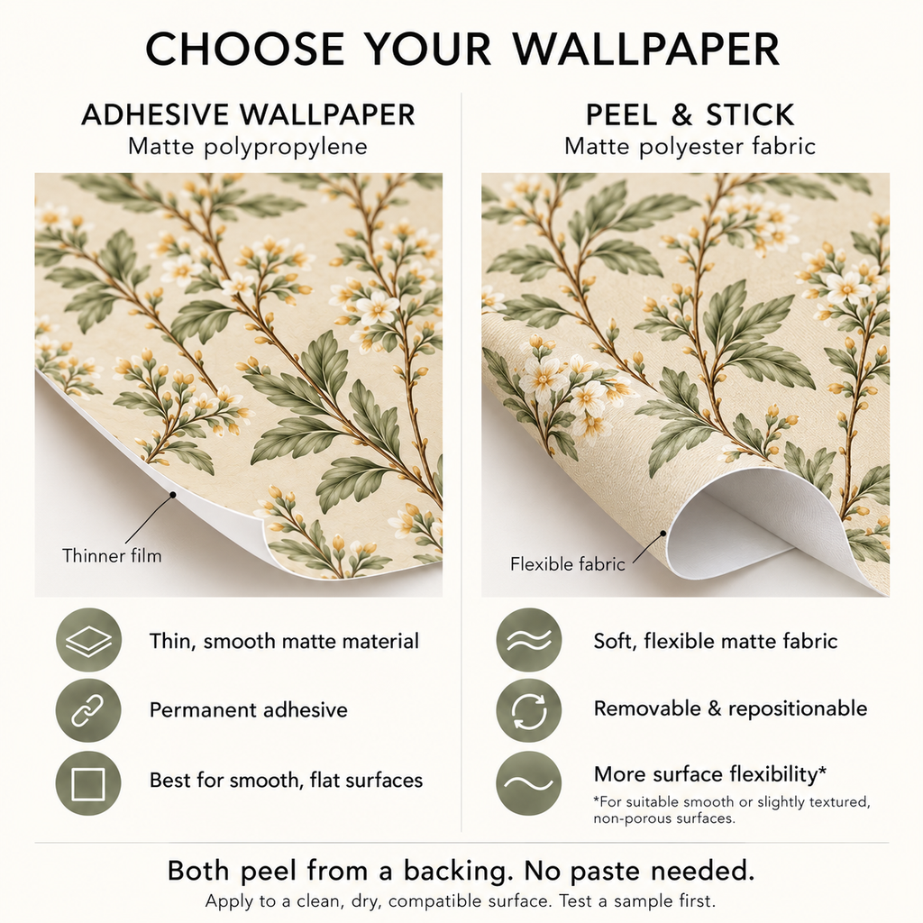 Wallpaper material comparison: adhesive matte polypropylene and peel and stick polyester fabric