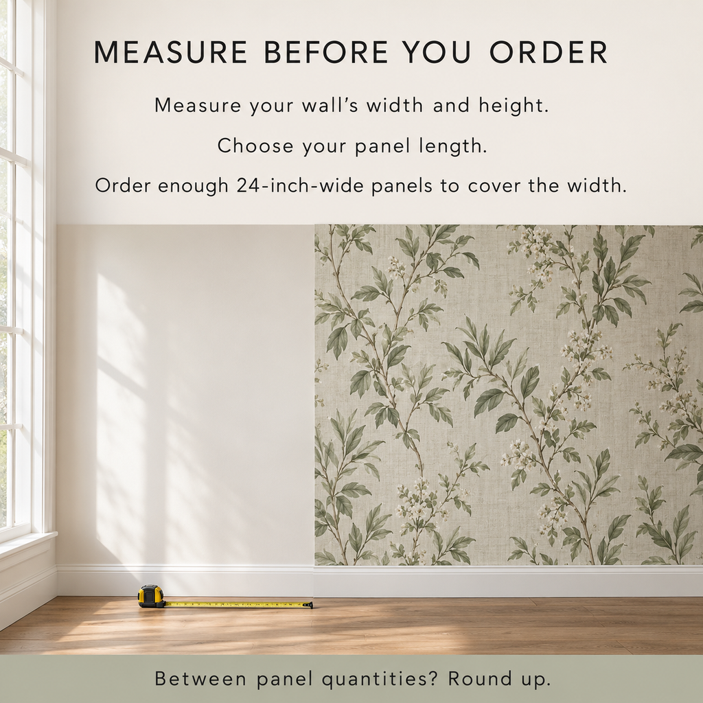 Measure your wall and choose enough 24-inch-wide wallpaper panels; botanical sample