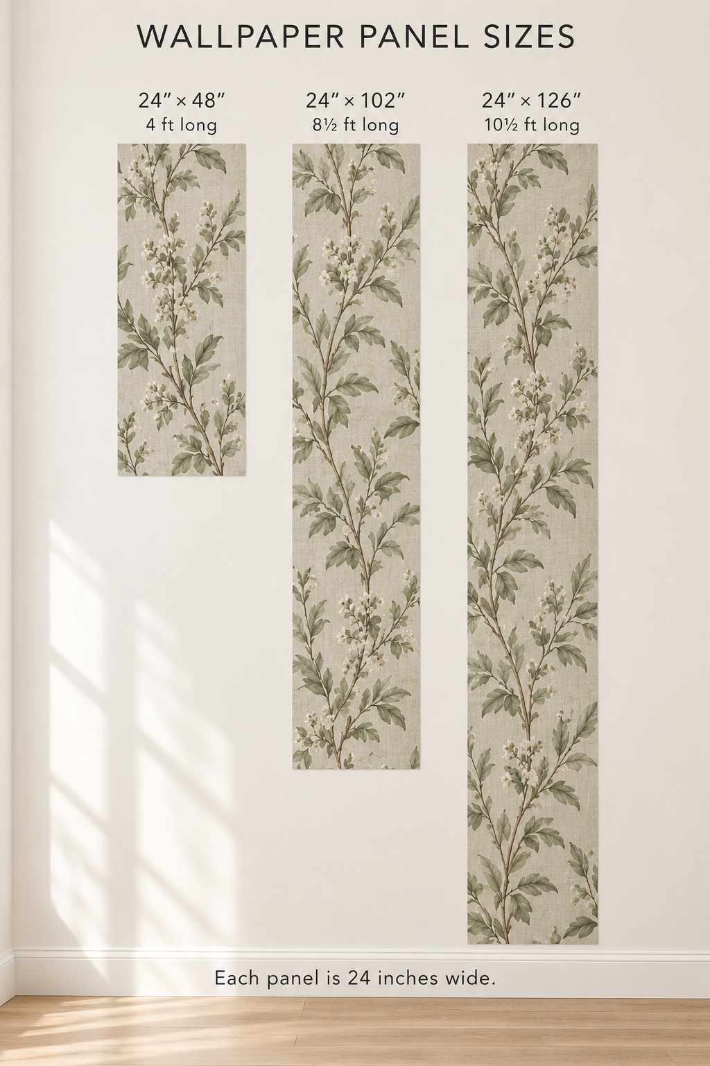 Wallpaper panel lengths: 24 by 48, 24 by 102 and 24 by 126 inches; botanical sample
