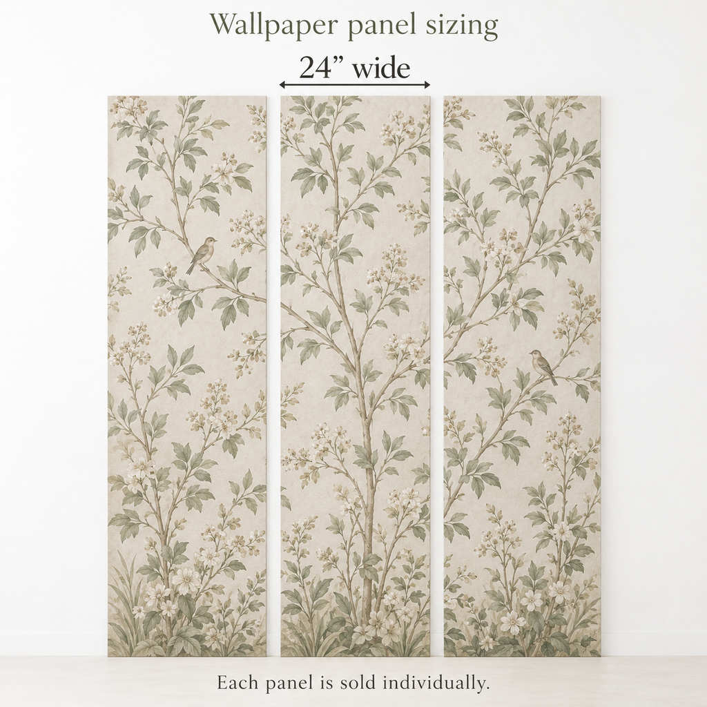 Wallpaper panel sizing: each panel is 24 inches wide and sold individually. Sample pattern for sizing illustration.
