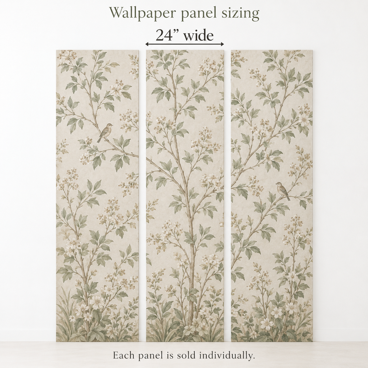 Wallpaper panel sizing: each panel is 24 inches wide and sold individually. Sample pattern for sizing illustration.